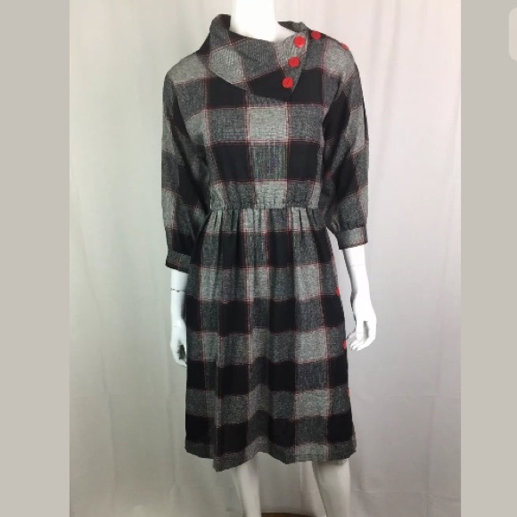 Vintage 60s Plaid Mod Button Flare Dress - Picture 2 of 8